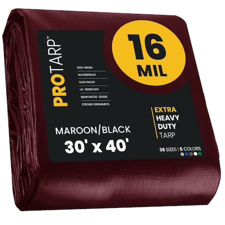 Protarp Heavy Duty Tarp, 30 ft x 40 ft, 16 Mil, Maroon, Polyethylene PT-107-30X40
